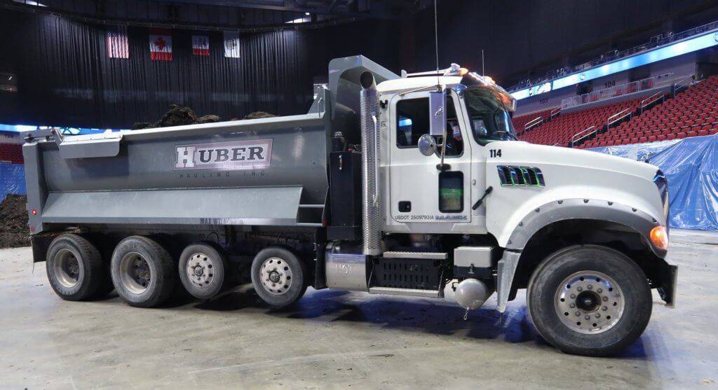 A Huber Hauling dumper in the Wells Fargo Arena.